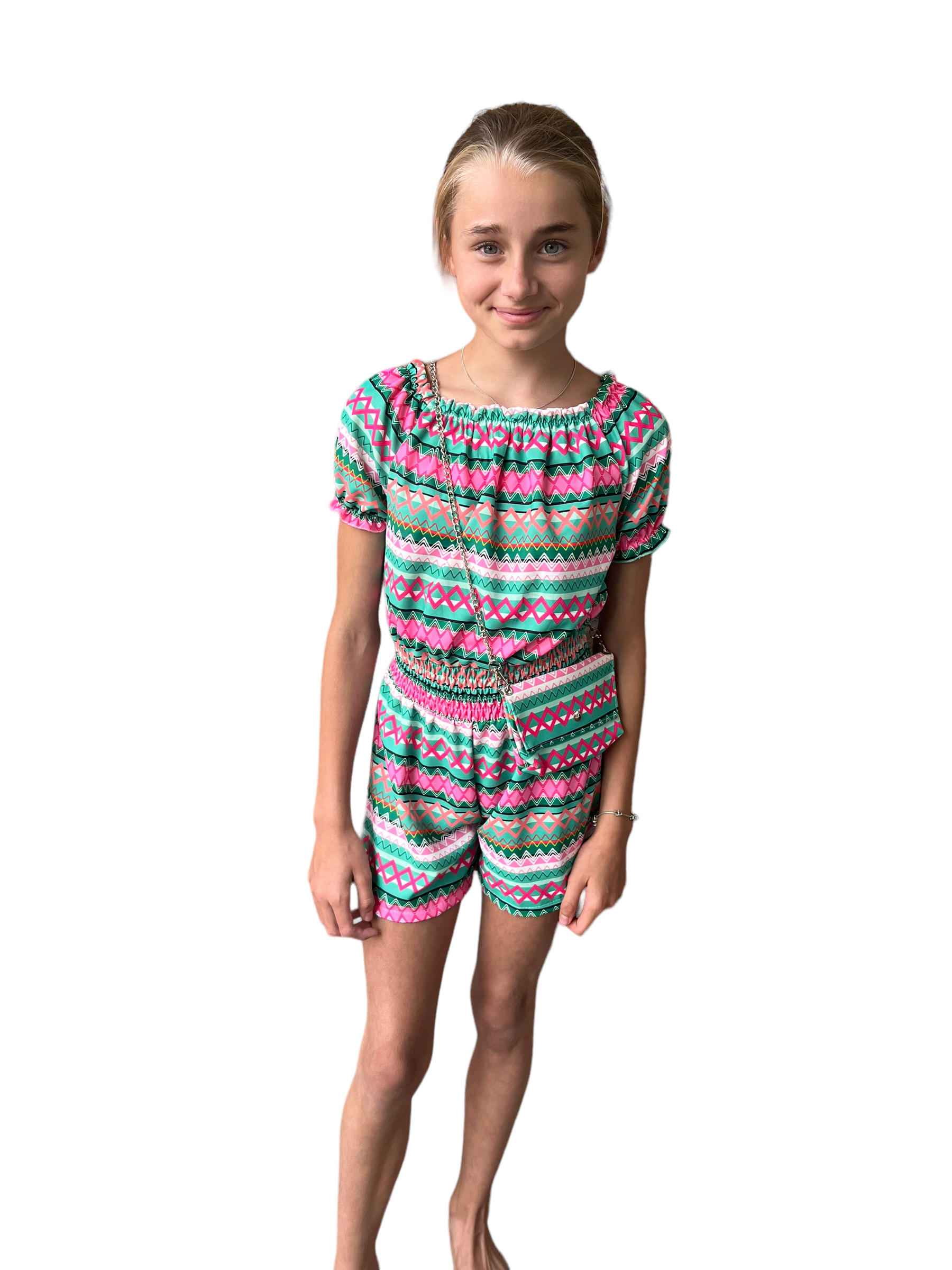 Bekwaam Oceanië Zes Meisjes jumpsuit met tasje groen/roze - KK Fashion